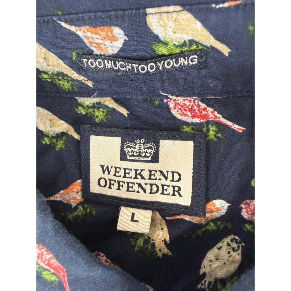 Weekend Offender Button Down Shirt Mens Large‎ Navy Blue Bird Print Short Sleeve